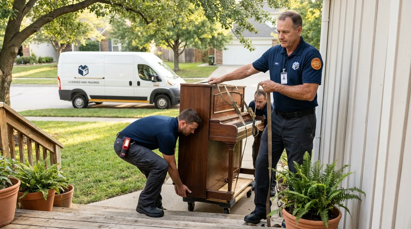 Licensed piano movers securing grand piano in Lenoir, NC