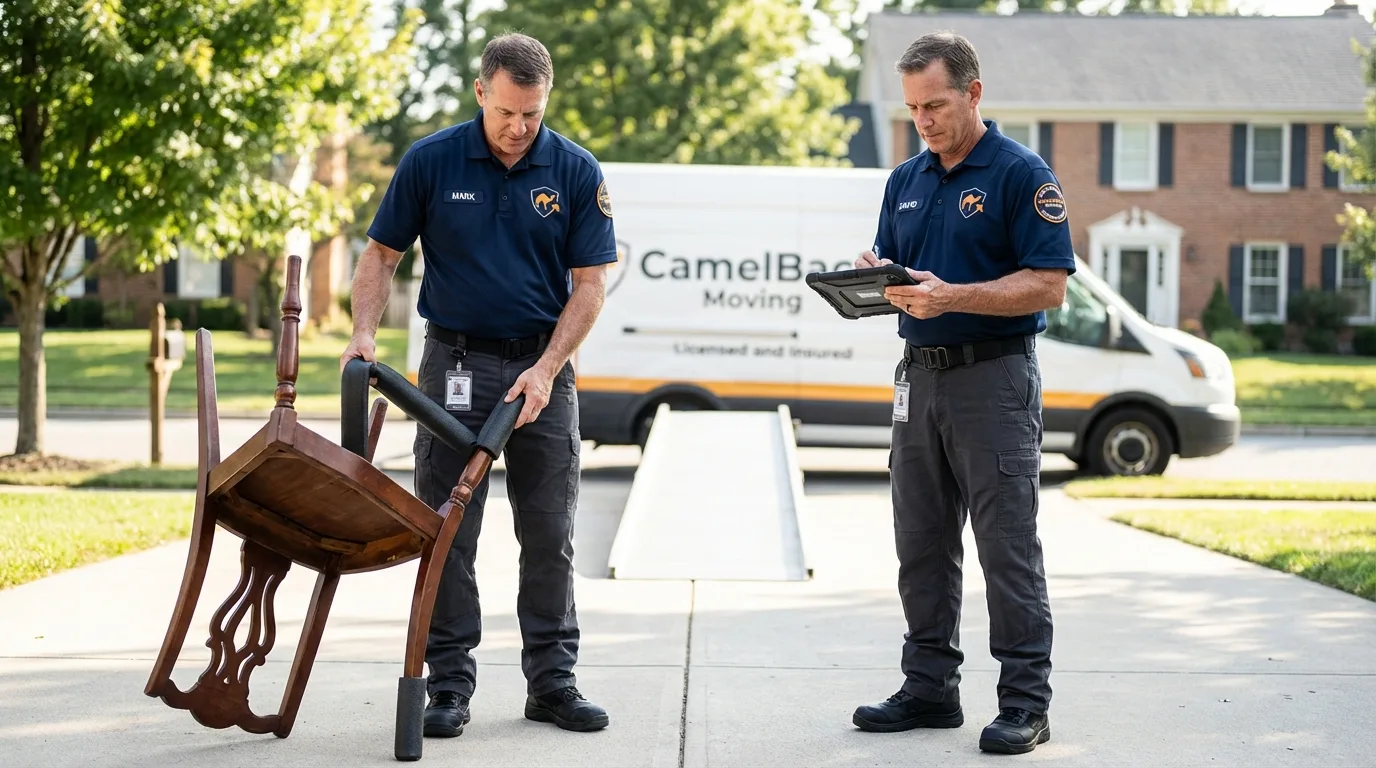 Movers inspecting furniture for damage prevention before loading in Lenoir, NC