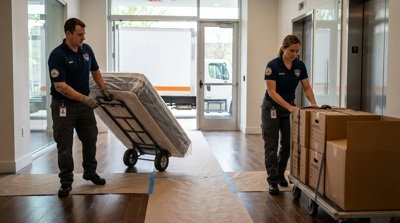 Professional apartment movers loading elevator in Lenoir, NC